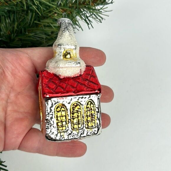 Vintage West Germany Blown Mercury Glass House Church Village Christmas Ornament - Picture 2 of 10